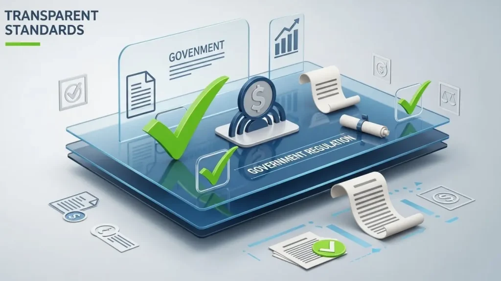 정부 규정 아이콘·체크 표시·문서 요소가 포함된 투명한 금융 기준 일러스트