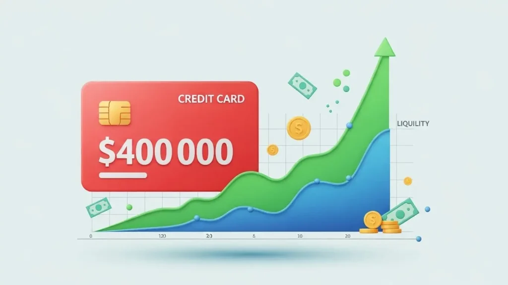 신용카드 잔여 한도와 유동성 그래프가 배치된 2D 금융 일러스트
